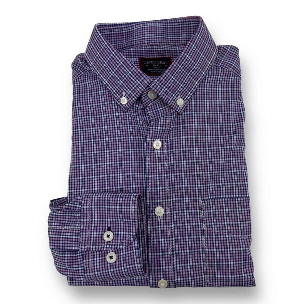 UNTUCKit Slim Fit Long Sleeve Nylon Elastane Button-Down Shirt Small Red Blue